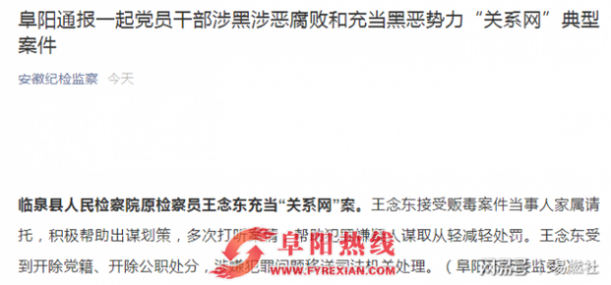 充当黑恶势力“关系网” 临泉县原检察员王念东被开