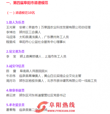 第四届阜阳市道德模范和美德少年名单公示
