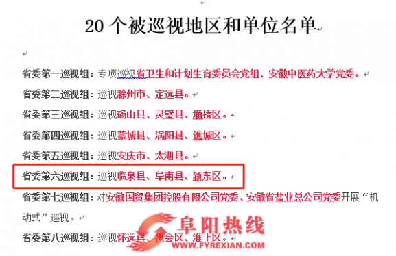 十届省委第四轮巡视即将开始，阜阳三个地区将被巡视